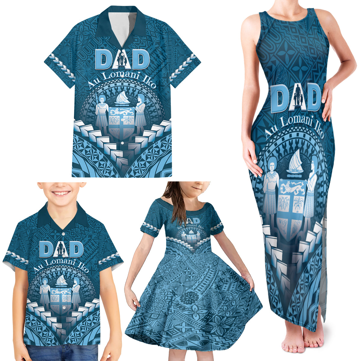 Personalised Fiji Happy Father's Day Family Matching Tank Maxi Dress and Hawaiian Shirt Au Lomani Iko Dad Polynesian Tribal