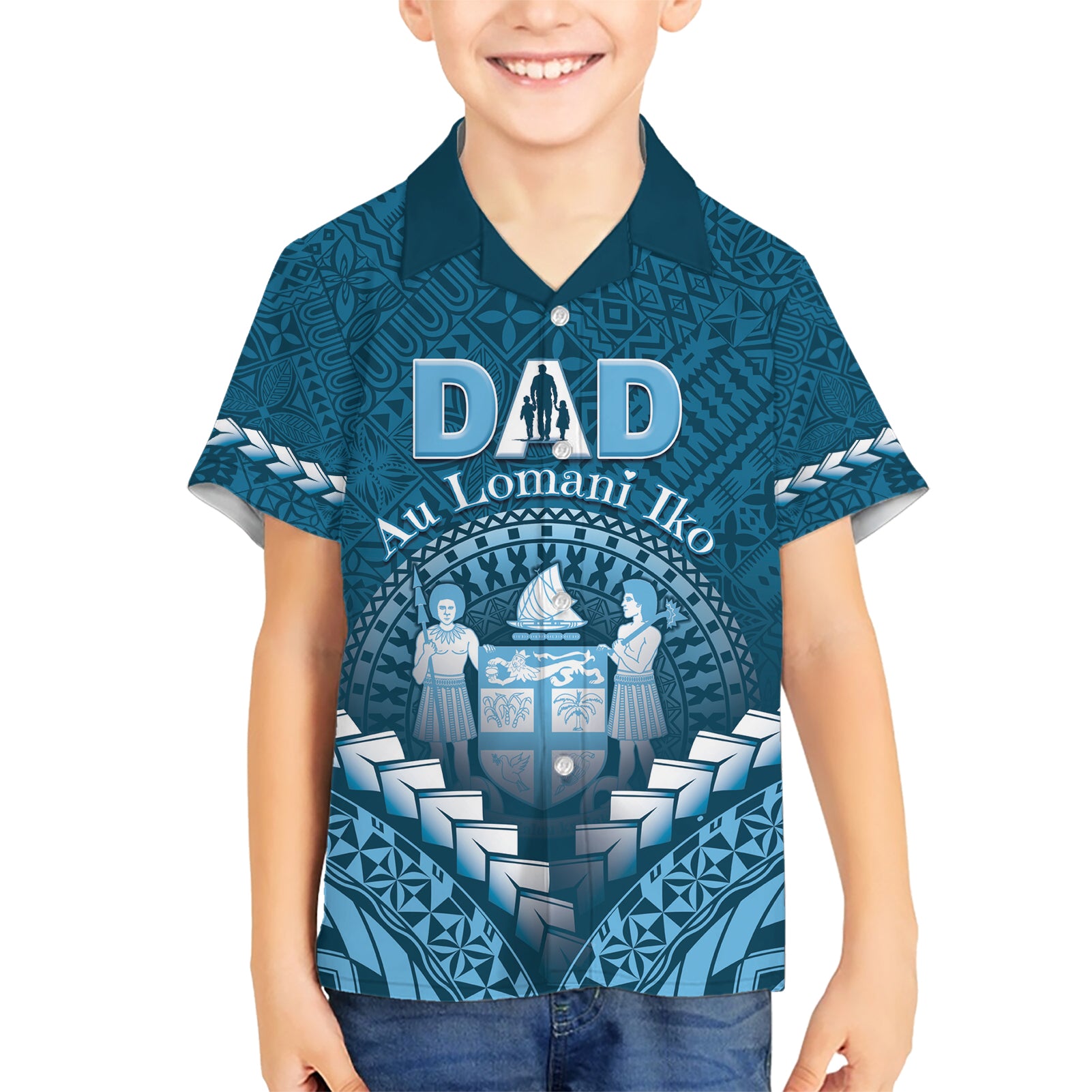 Personalised Fiji Happy Father's Day Kid Hawaiian Shirt Au Lomani Iko Dad Polynesian Tribal