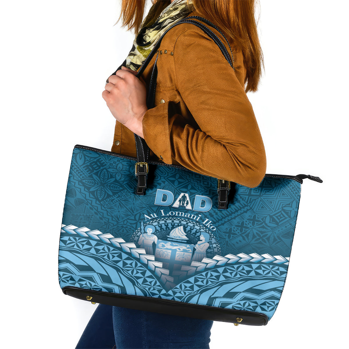 Fiji Happy Father's Day Leather Tote Bag Au Lomani Iko Dad Polynesian Tribal LT05 Blue - Polynesian Pride