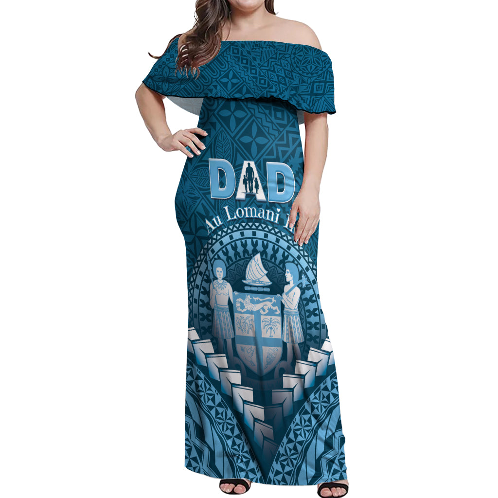 Personalised Fiji Happy Father's Day Off Shoulder Maxi Dress Au Lomani Iko Dad Polynesian Tribal