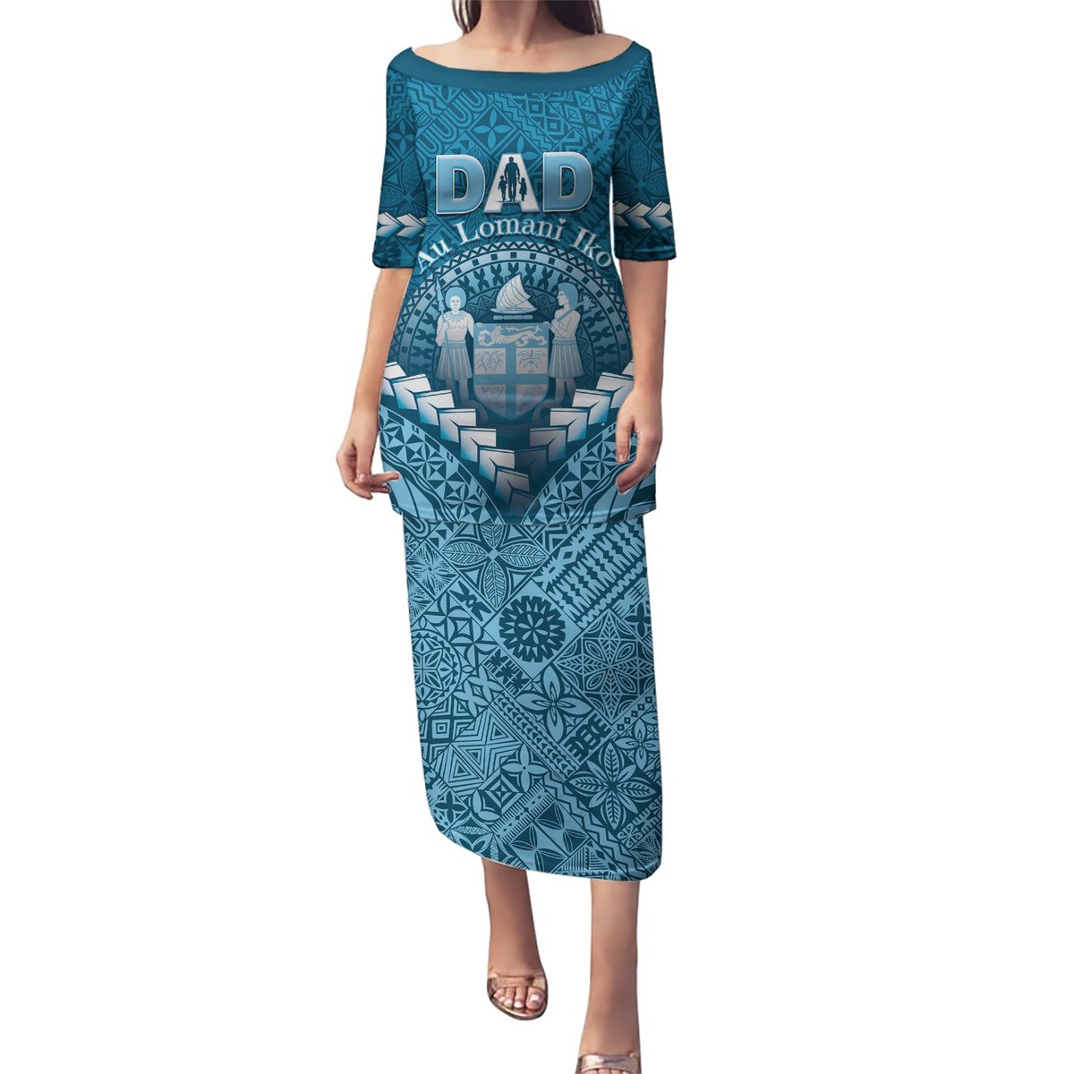 Personalised Fiji Happy Father's Day Puletasi Au Lomani Iko Dad Polynesian Tribal LT05 Long Dress Blue - Polynesian Pride