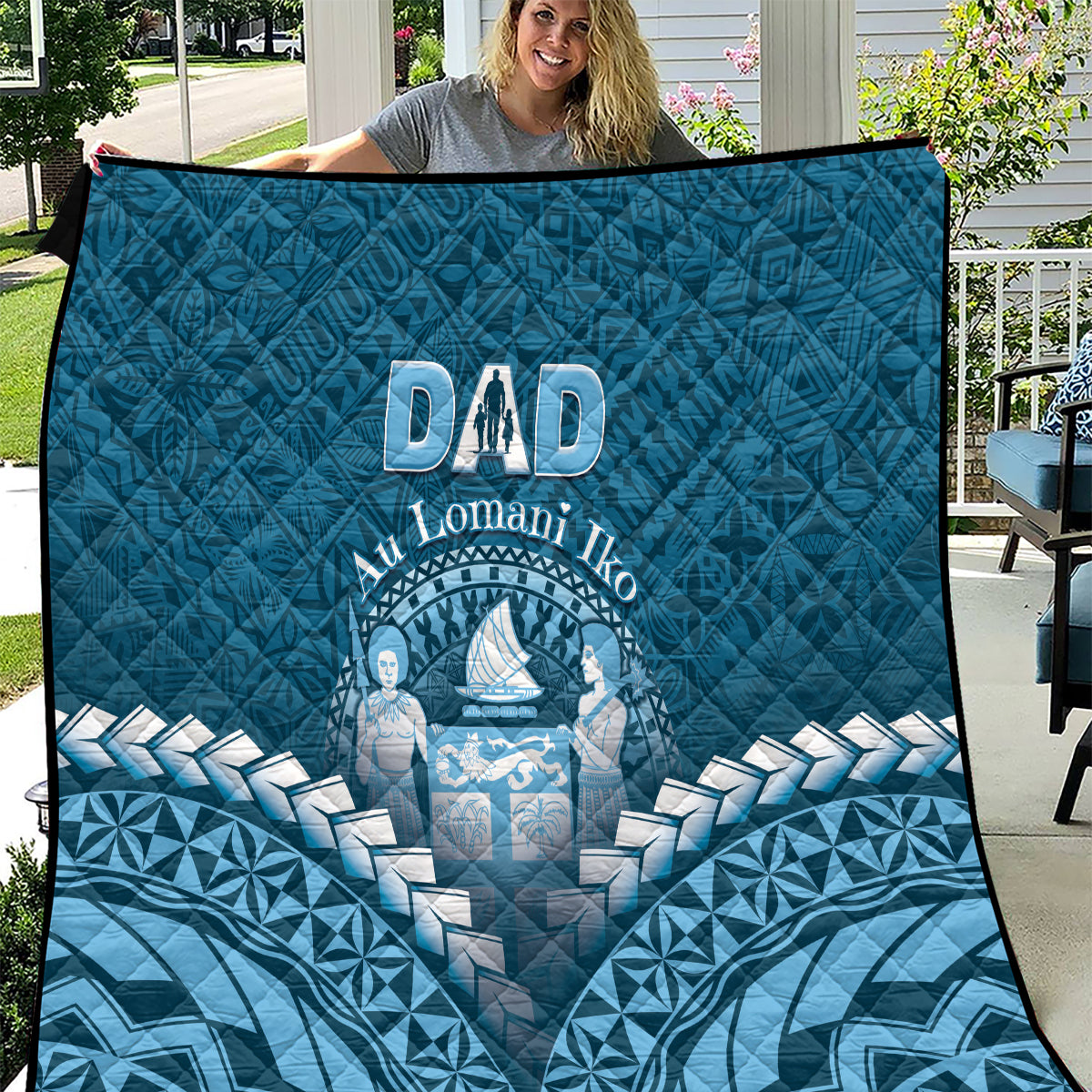 Fiji Happy Father's Day Quilt Au Lomani Iko Dad Polynesian Tribal LT05 Blue - Polynesian Pride