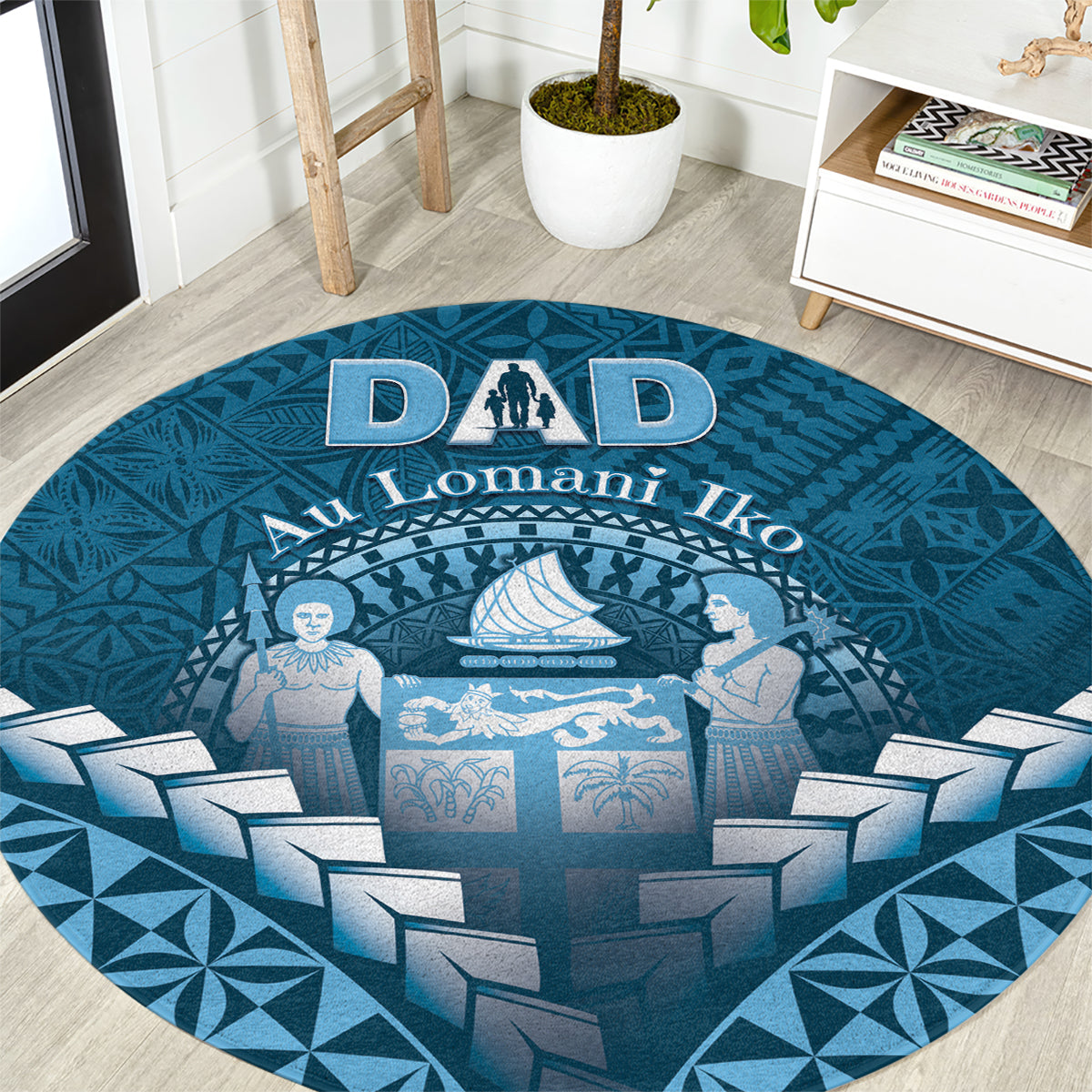 Fiji Happy Father's Day Round Carpet Au Lomani Iko Dad Polynesian Tribal LT05 Blue - Polynesian Pride