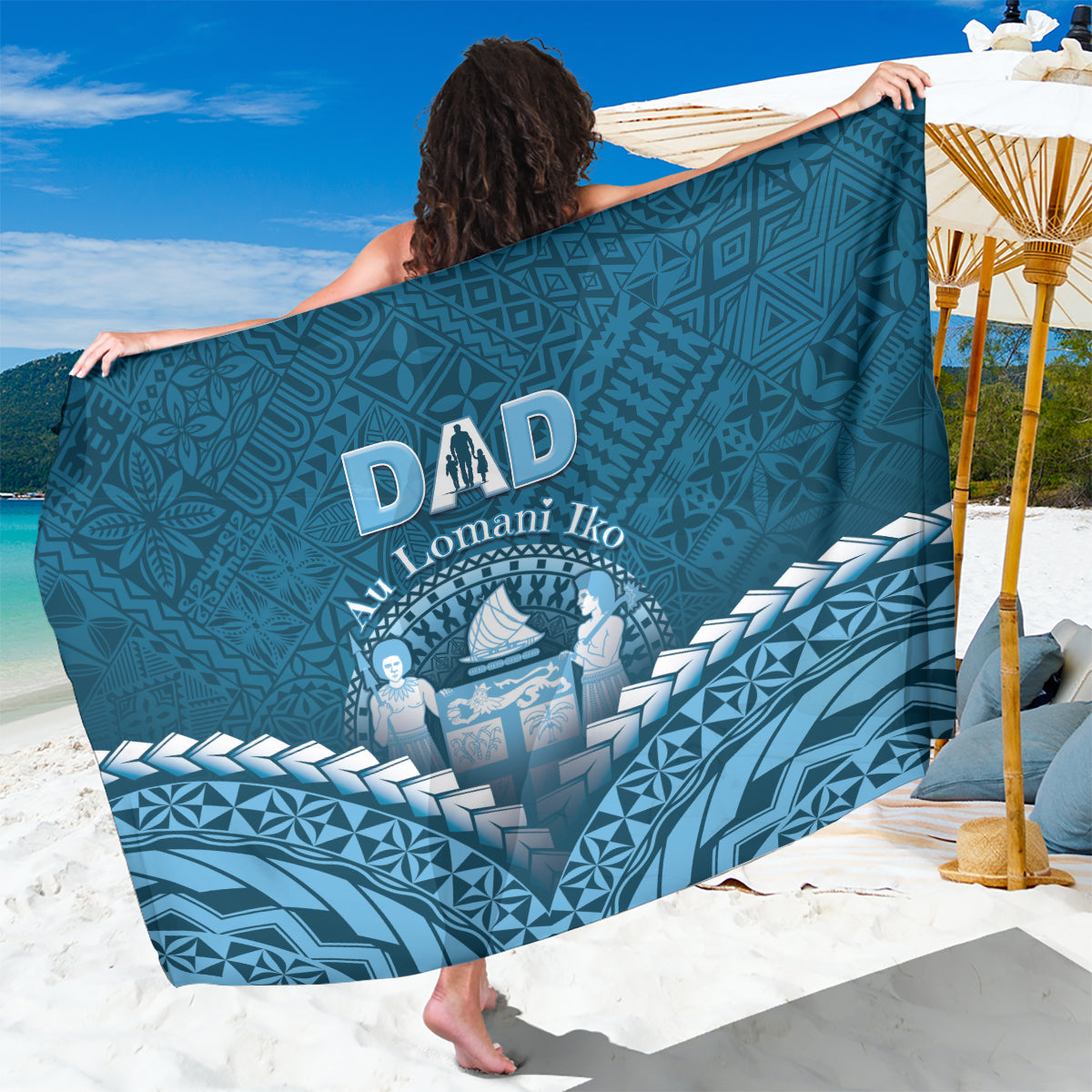 Fiji Happy Father's Day Sarong Au Lomani Iko Dad Polynesian Tribal LT05 One Size 44 x 66 inches Blue - Polynesian Pride