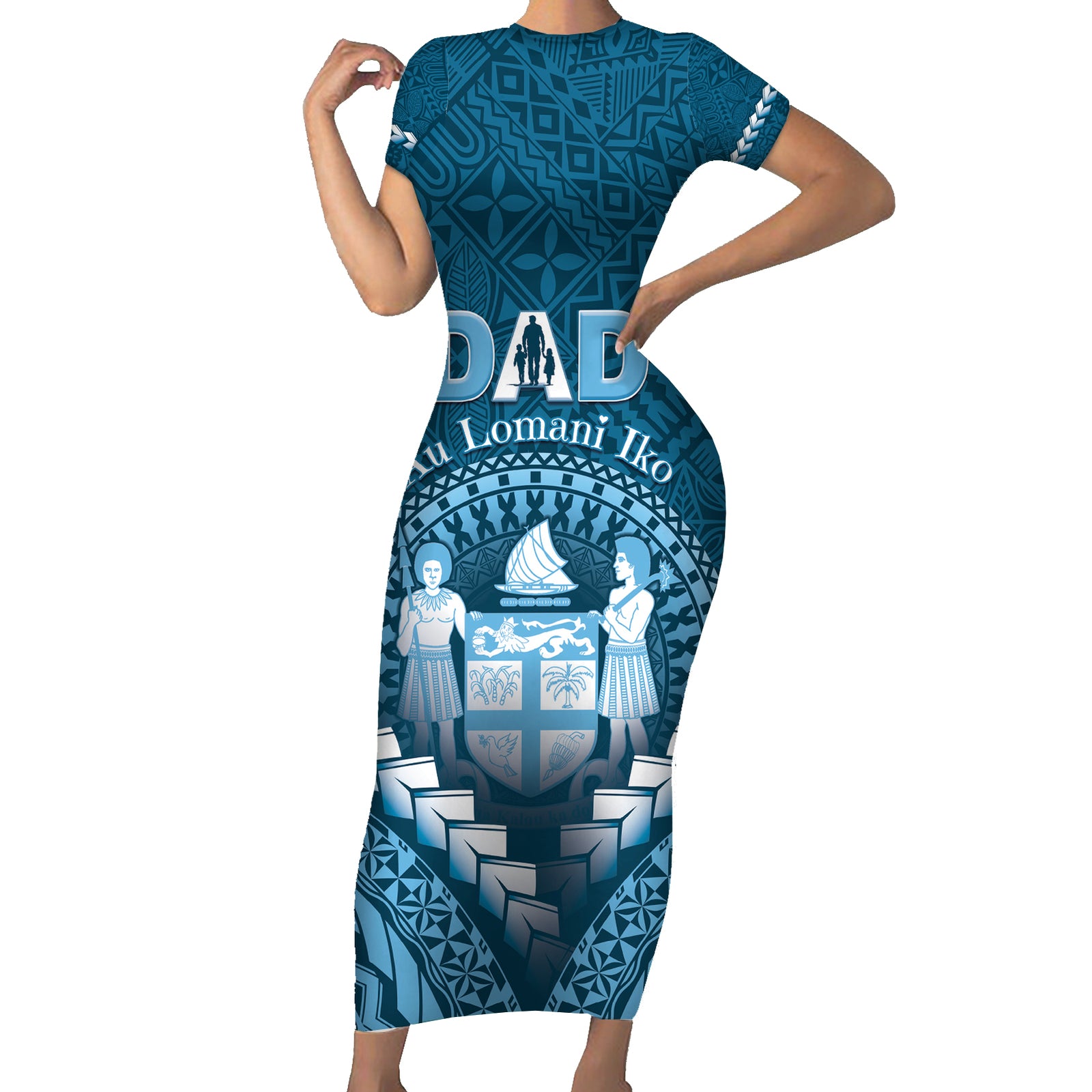 Personalised Fiji Happy Father's Day Short Sleeve Bodycon Dress Au Lomani Iko Dad Polynesian Tribal LT05 Long Dress Blue - Polynesian Pride