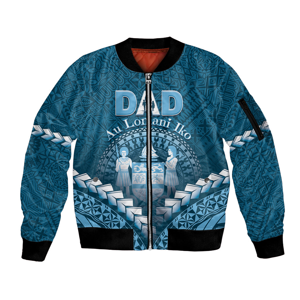Personalised Fiji Happy Father's Day Sleeve Zip Bomber Jacket Au Lomani Iko Dad Polynesian Tribal LT05 Unisex Blue - Polynesian Pride