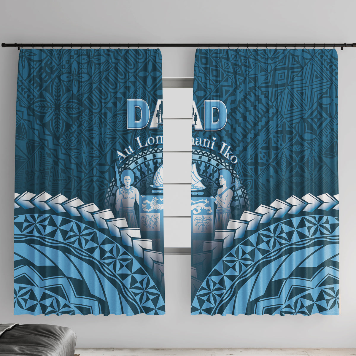 Fiji Happy Father's Day Window Curtain Au Lomani Iko Dad Polynesian Tribal LT05 With Hooks Blue - Polynesian Pride