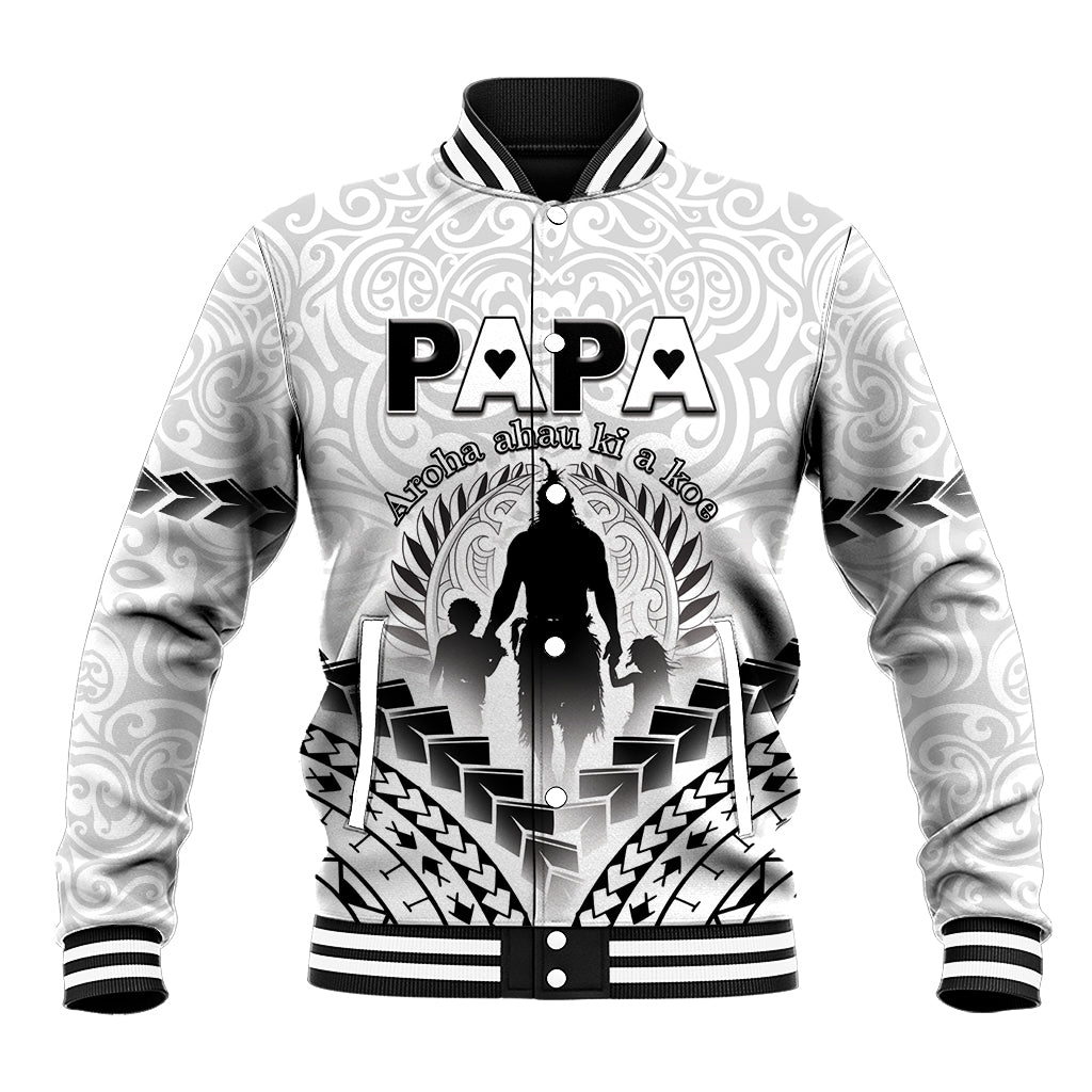 Personalised New Zealand Happy Father's Day Baseball Jacket Aroha Ahau Ki A Koe Papa Polynesian Tribal LT05 Unisex White - Polynesian Pride
