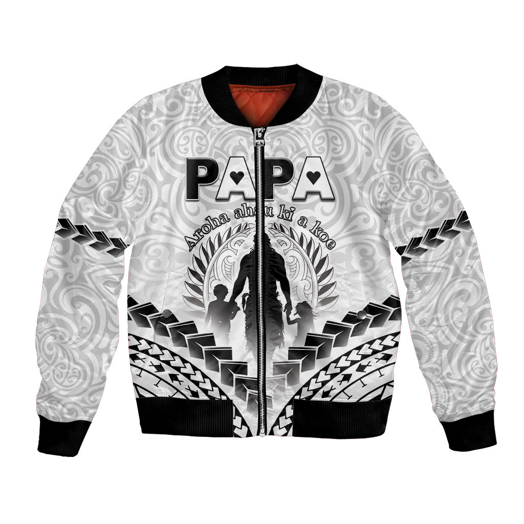 Personalised New Zealand Happy Father's Day Bomber Jacket Aroha Ahau Ki A Koe Papa Polynesian Tribal LT05 Unisex White - Polynesian Pride