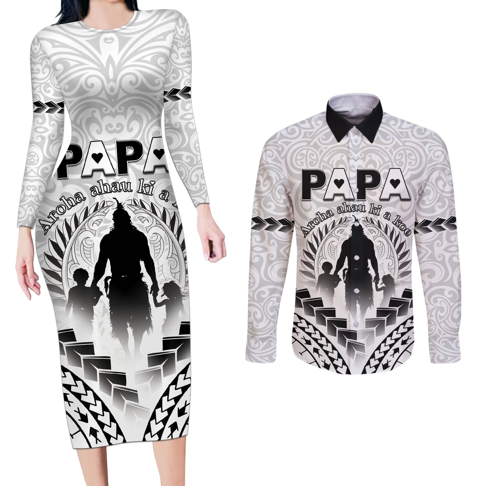 Personalised New Zealand Happy Father's Day Couples Matching Long Sleeve Bodycon Dress and Long Sleeve Button Shirt Aroha Ahau Ki A Koe Papa Polynesian Tribal