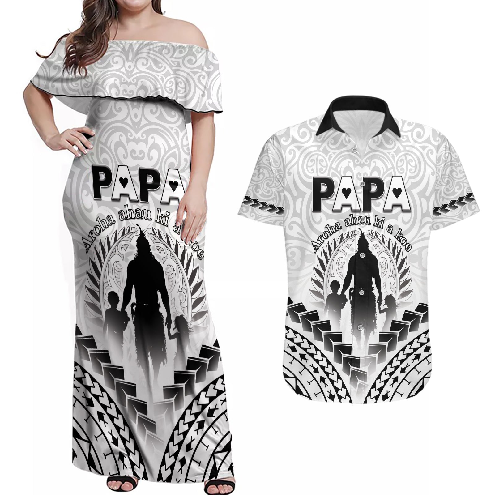 Personalised New Zealand Happy Father's Day Couples Matching Off Shoulder Maxi Dress and Hawaiian Shirt Aroha Ahau Ki A Koe Papa Polynesian Tribal