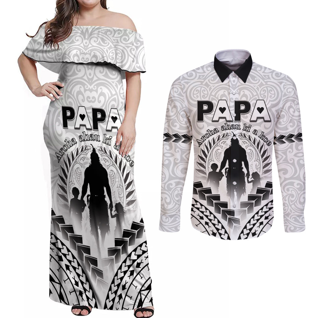 Personalised New Zealand Happy Father's Day Couples Matching Off Shoulder Maxi Dress and Long Sleeve Button Shirt Aroha Ahau Ki A Koe Papa Polynesian Tribal