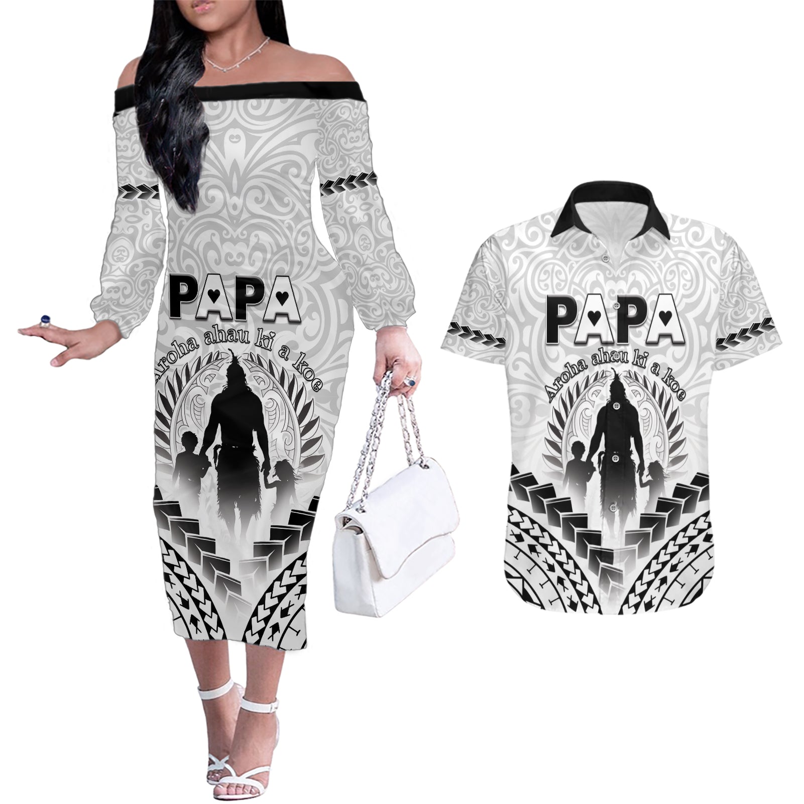 Personalised New Zealand Happy Father's Day Couples Matching Off The Shoulder Long Sleeve Dress and Hawaiian Shirt Aroha Ahau Ki A Koe Papa Polynesian Tribal