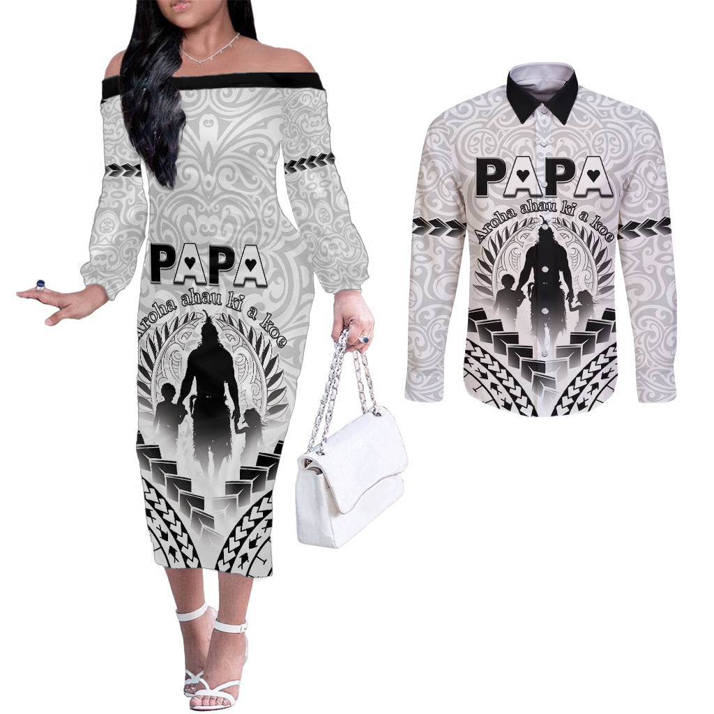 Personalised New Zealand Happy Father's Day Couples Matching Off The Shoulder Long Sleeve Dress and Long Sleeve Button Shirt Aroha Ahau Ki A Koe Papa Polynesian Tribal