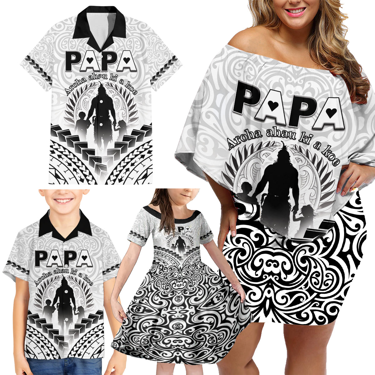 Personalised New Zealand Happy Father's Day Family Matching Off Shoulder Short Dress and Hawaiian Shirt Aroha Ahau Ki A Koe Papa Polynesian Tribal