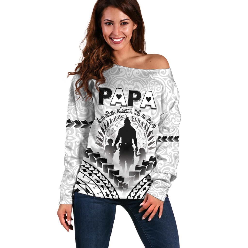 Personalised New Zealand Happy Father's Day Off Shoulder Sweater Aroha Ahau Ki A Koe Papa Polynesian Tribal