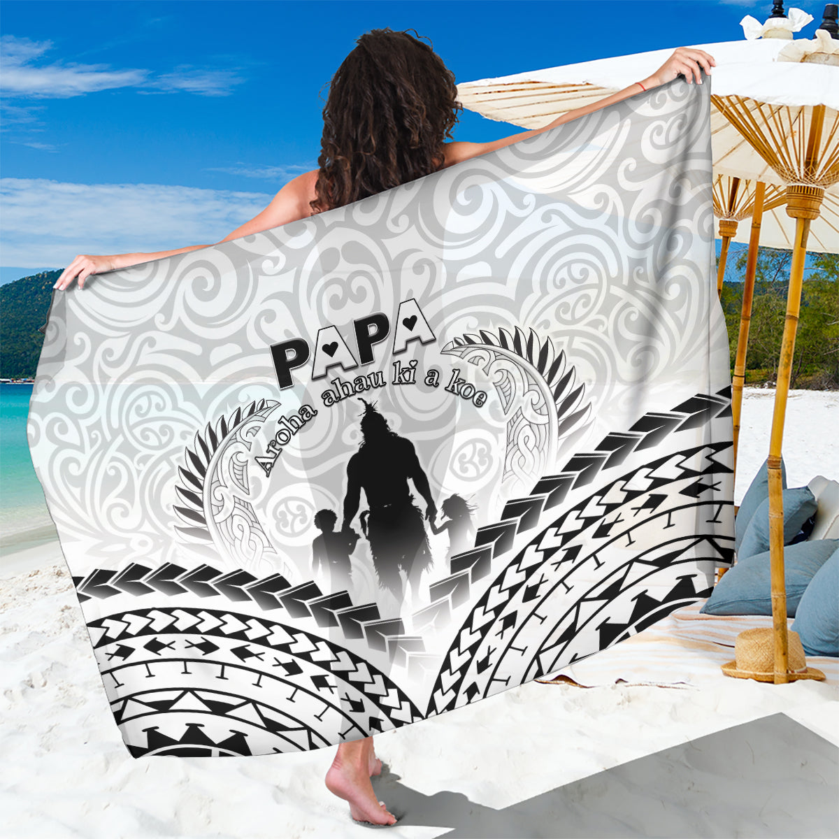 New Zealand Happy Father's Day Sarong Aroha Ahau Ki A Koe Papa Polynesian Tribal LT05 One Size 44 x 66 inches White - Polynesian Pride