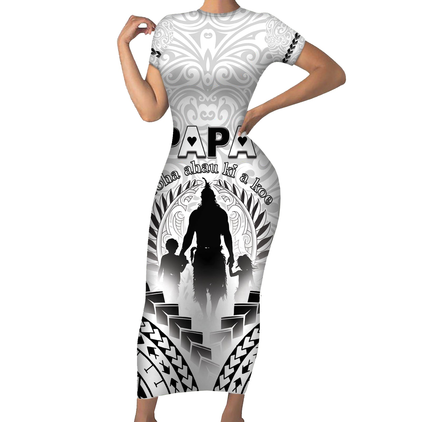 Personalised New Zealand Happy Father's Day Short Sleeve Bodycon Dress Aroha Ahau Ki A Koe Papa Polynesian Tribal