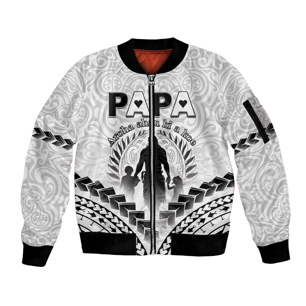 Personalised New Zealand Happy Father's Day Sleeve Zip Bomber Jacket Aroha Ahau Ki A Koe Papa Polynesian Tribal LT05 Unisex White - Polynesian Pride