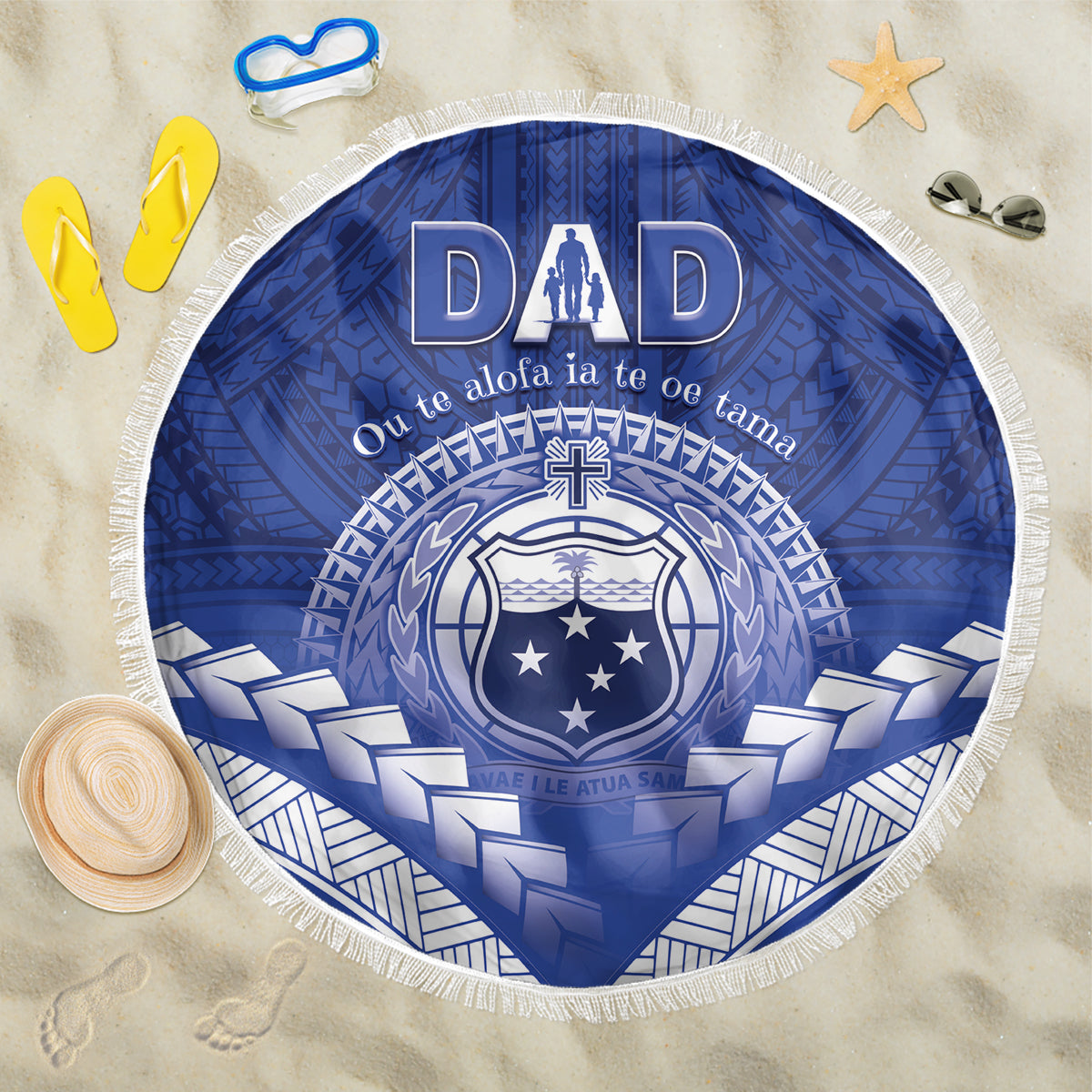 Samoa Happy Father's Day Beach Blanket Ou Te Alofa Ia Te Oe Tama Dad Polynesian Tribal LT05 One Size 150cm Blue - Polynesian Pride