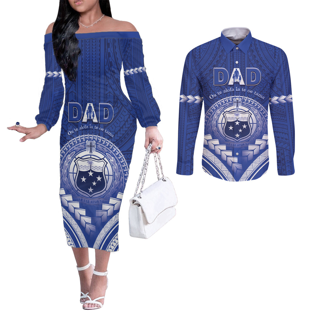 Personalised Samoa Happy Father's Day Couples Matching Off The Shoulder Long Sleeve Dress and Long Sleeve Button Shirt Ou Te Alofa Ia Te Oe Tama Dad Polynesian Tribal