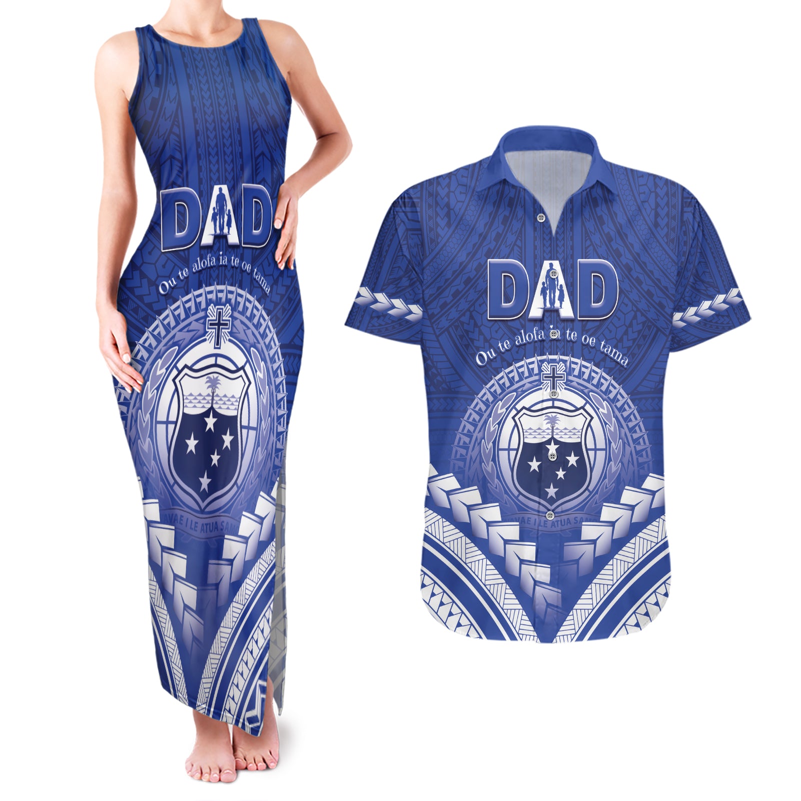 Personalised Samoa Happy Father's Day Couples Matching Tank Maxi Dress and Hawaiian Shirt Ou Te Alofa Ia Te Oe Tama Dad Polynesian Tribal