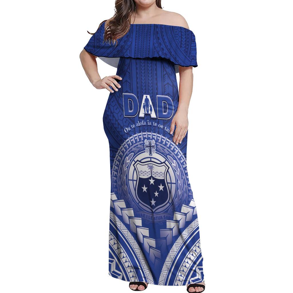 Personalised Samoa Happy Father's Day Off Shoulder Maxi Dress Ou Te Alofa Ia Te Oe Tama Dad Polynesian Tribal LT05 Women Blue - Polynesian Pride