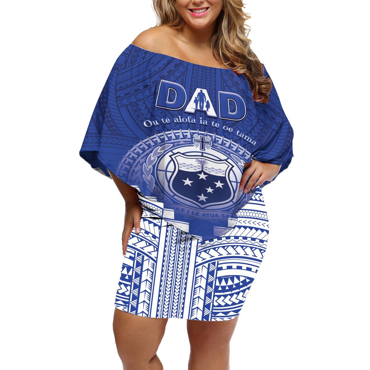 Personalised Samoa Happy Father's Day Off Shoulder Short Dress Ou Te Alofa Ia Te Oe Tama Dad Polynesian Tribal LT05 Women Blue - Polynesian Pride