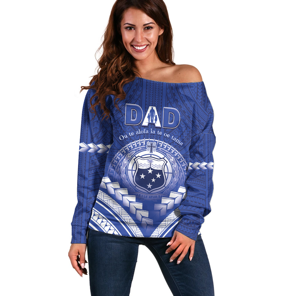 Personalised Samoa Happy Father's Day Off Shoulder Sweater Ou Te Alofa Ia Te Oe Tama Dad Polynesian Tribal LT05 Women Blue - Polynesian Pride