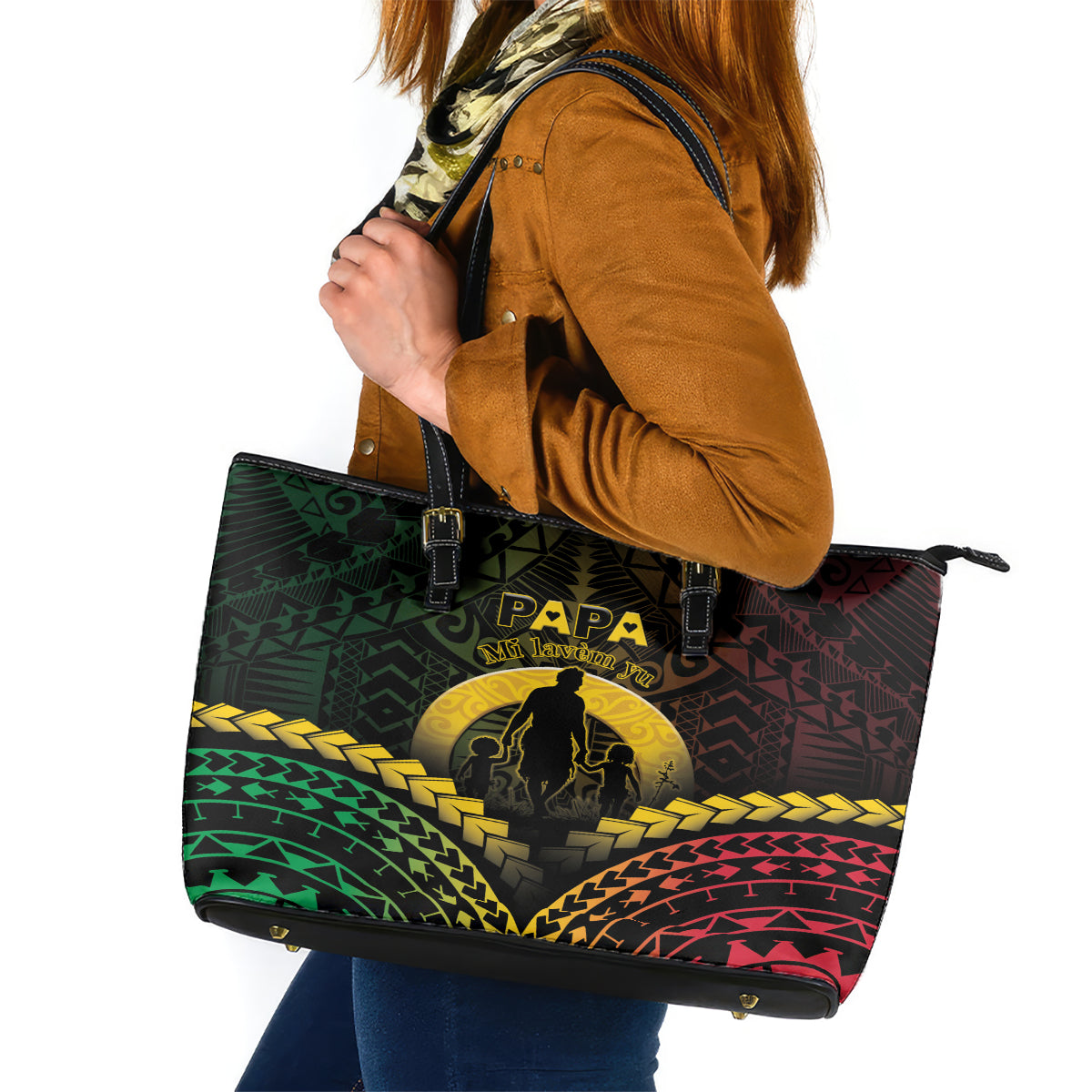 Vanuatu Happy Father's Day Leather Tote Bag Mi Lavem Yu Papa Polynesian Tribal LT05 Reggae - Polynesian Pride