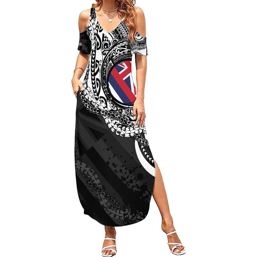Hawaii Flag Day Summer Maxi Dress Hawaiian Maile Lei LT05 Women Black - Polynesian Pride