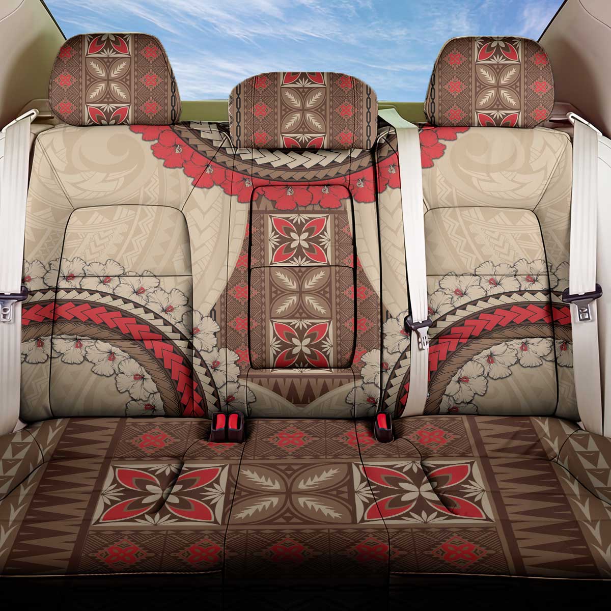 Samoa Language Week Back Car Seat Cover Samoan Motif With Red Hibiscus LT05 One Size Beige - Polynesian Pride