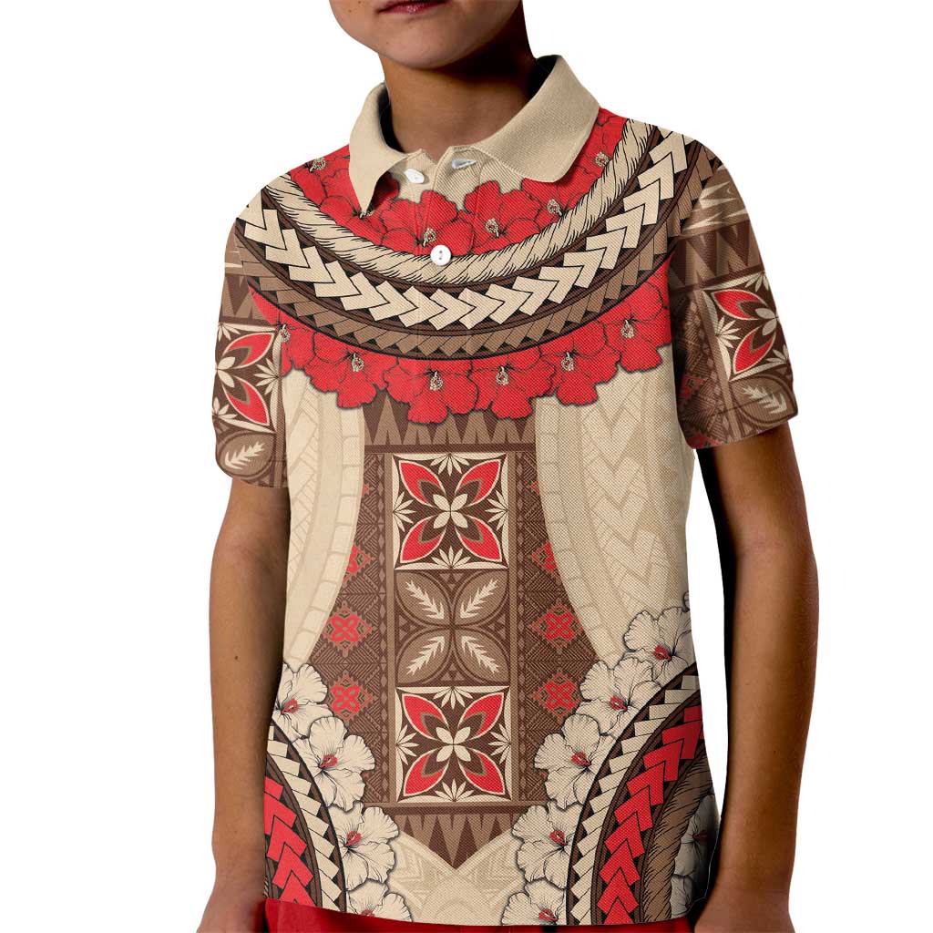 Samoa Language Week Kid Polo Shirt Samoan Motif With Red Hibiscus LT05 Kid Beige - Polynesian Pride