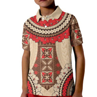 Samoa Language Week Kid Polo Shirt Samoan Motif With Red Hibiscus LT05 Kid Beige - Polynesian Pride