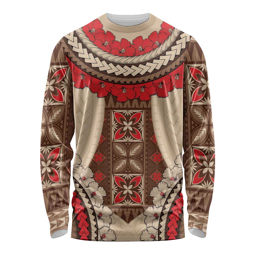 Samoa Language Week Long Sleeve Shirt Samoan Motif With Red Hibiscus LT05 Unisex Beige - Polynesian Pride