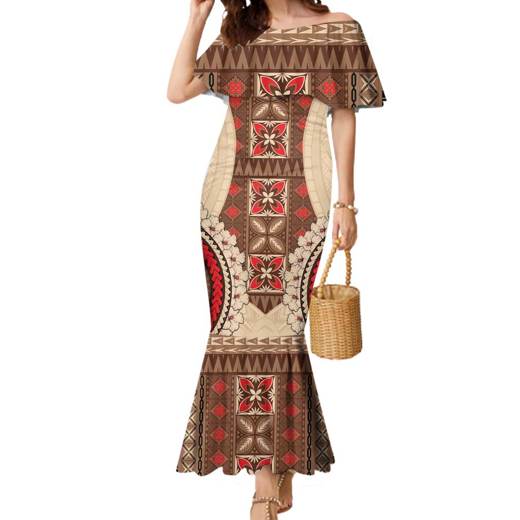 Samoa Language Week Mermaid Dress Samoan Motif With Red Hibiscus LT05 Women Beige - Polynesian Pride
