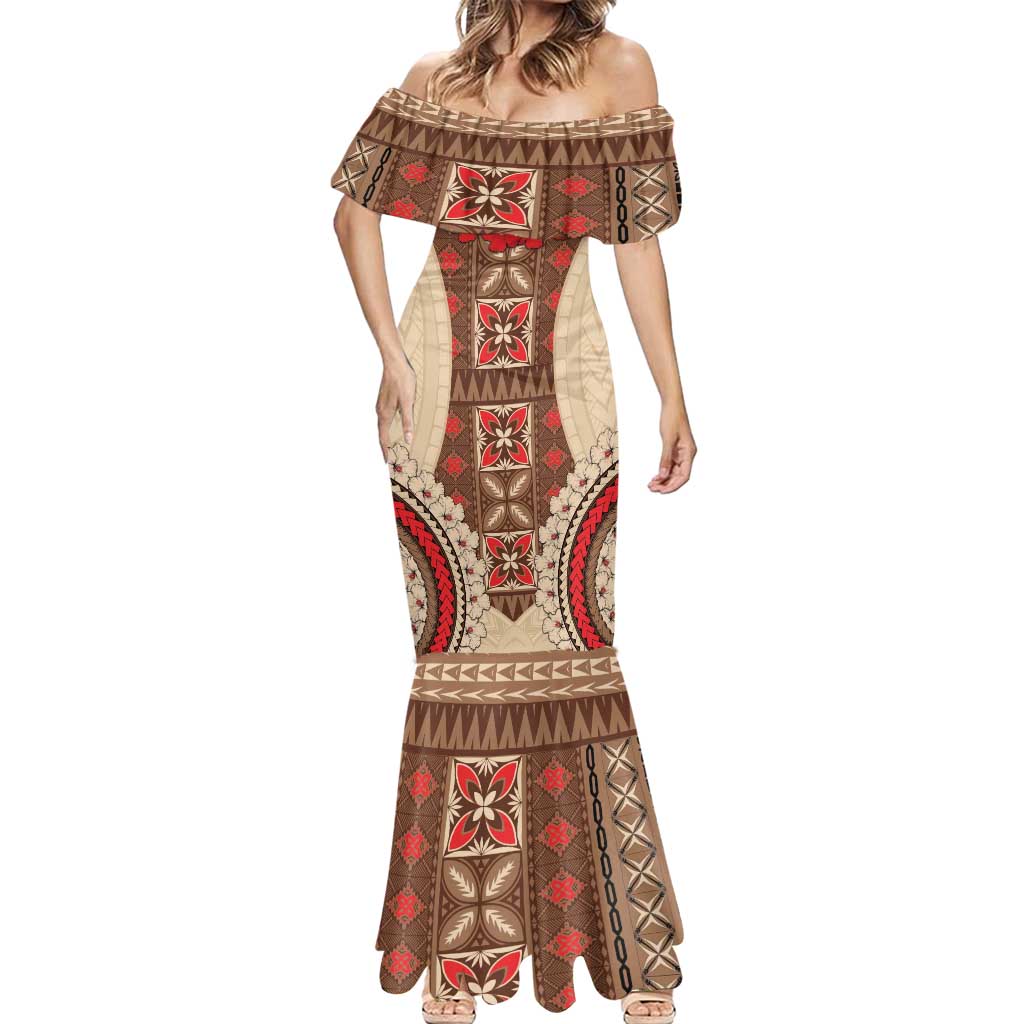 Samoa Language Week Mermaid Dress Samoan Motif With Red Hibiscus LT05 - Polynesian Pride