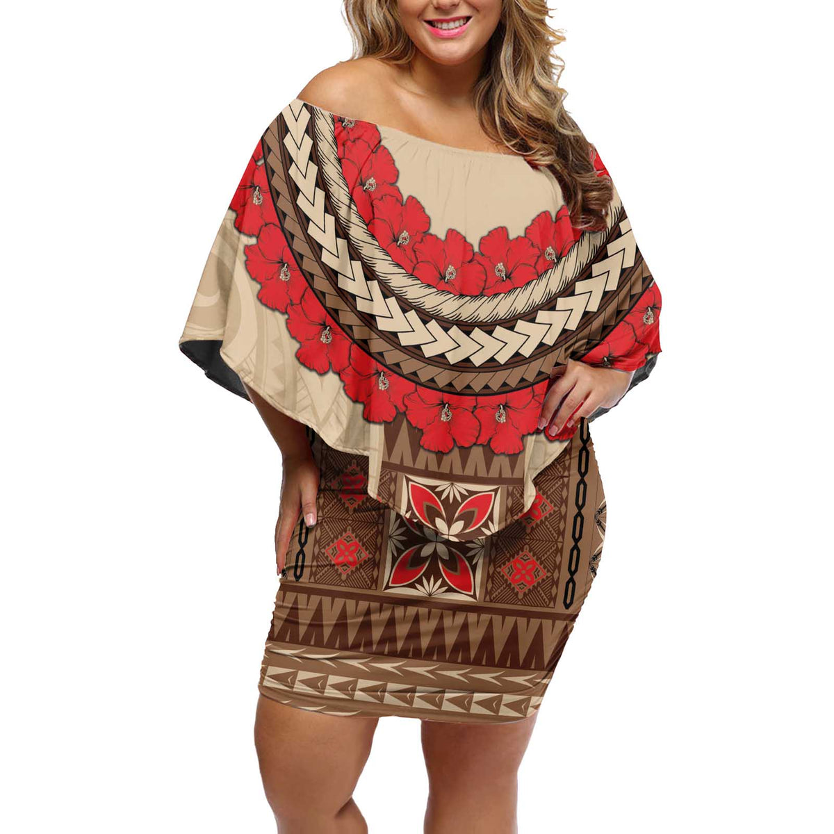 Samoa Language Week Off Shoulder Short Dress Samoan Motif With Red Hibiscus LT05 Women Beige - Polynesian Pride