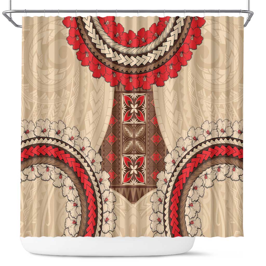 Samoa Language Week Shower Curtain Samoan Motif With Red Hibiscus LT05 Beige - Polynesian Pride