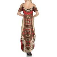 Samoa Language Week Summer Maxi Dress Samoan Motif With Red Hibiscus LT05 - Polynesian Pride