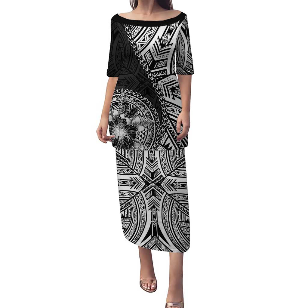 Hibiscus With Black Austronesian Tattoo Pattern Puletasi LT05 Long Dress Black - Polynesian Pride