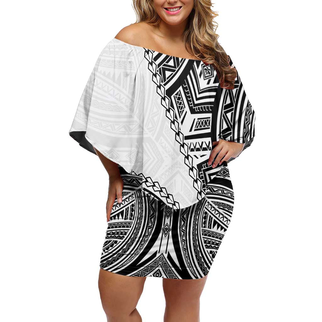 Hibiscus With White Austronesian Tattoo Pattern Off Shoulder Short Dress LT05 Women White - Polynesian Pride