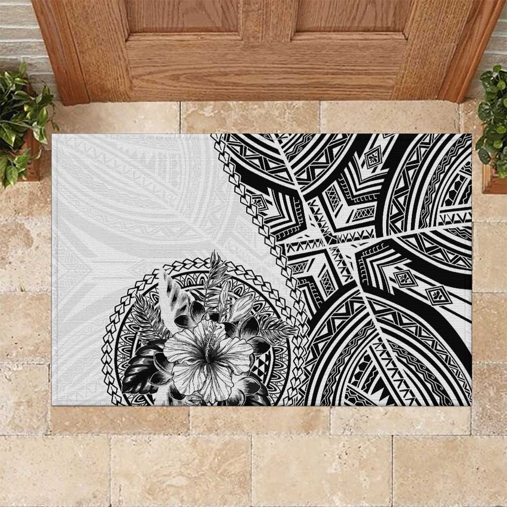 Hibiscus With White Austronesian Tattoo Pattern Rubber Doormat LT05 White - Polynesian Pride