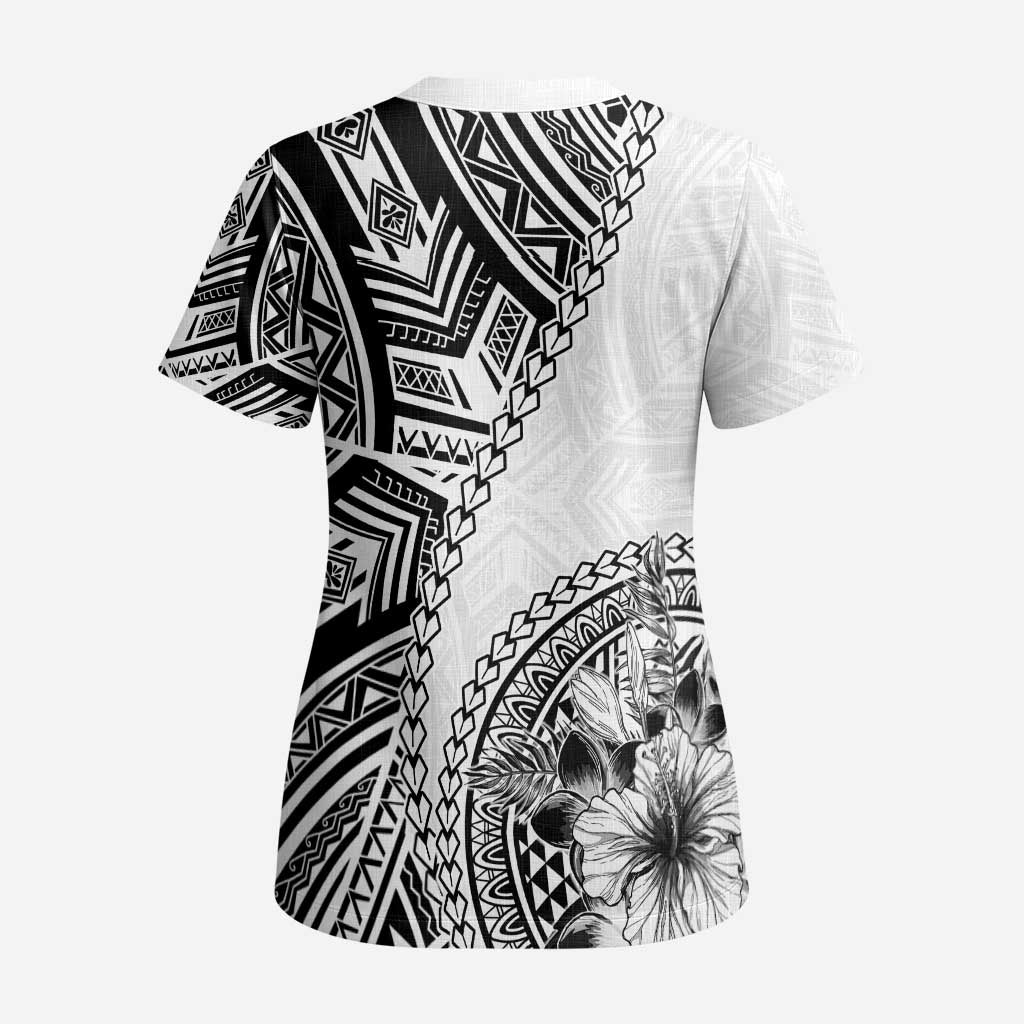 Hibiscus With White Austronesian Tattoo Pattern Scrub Top LT05 - Polynesian Pride