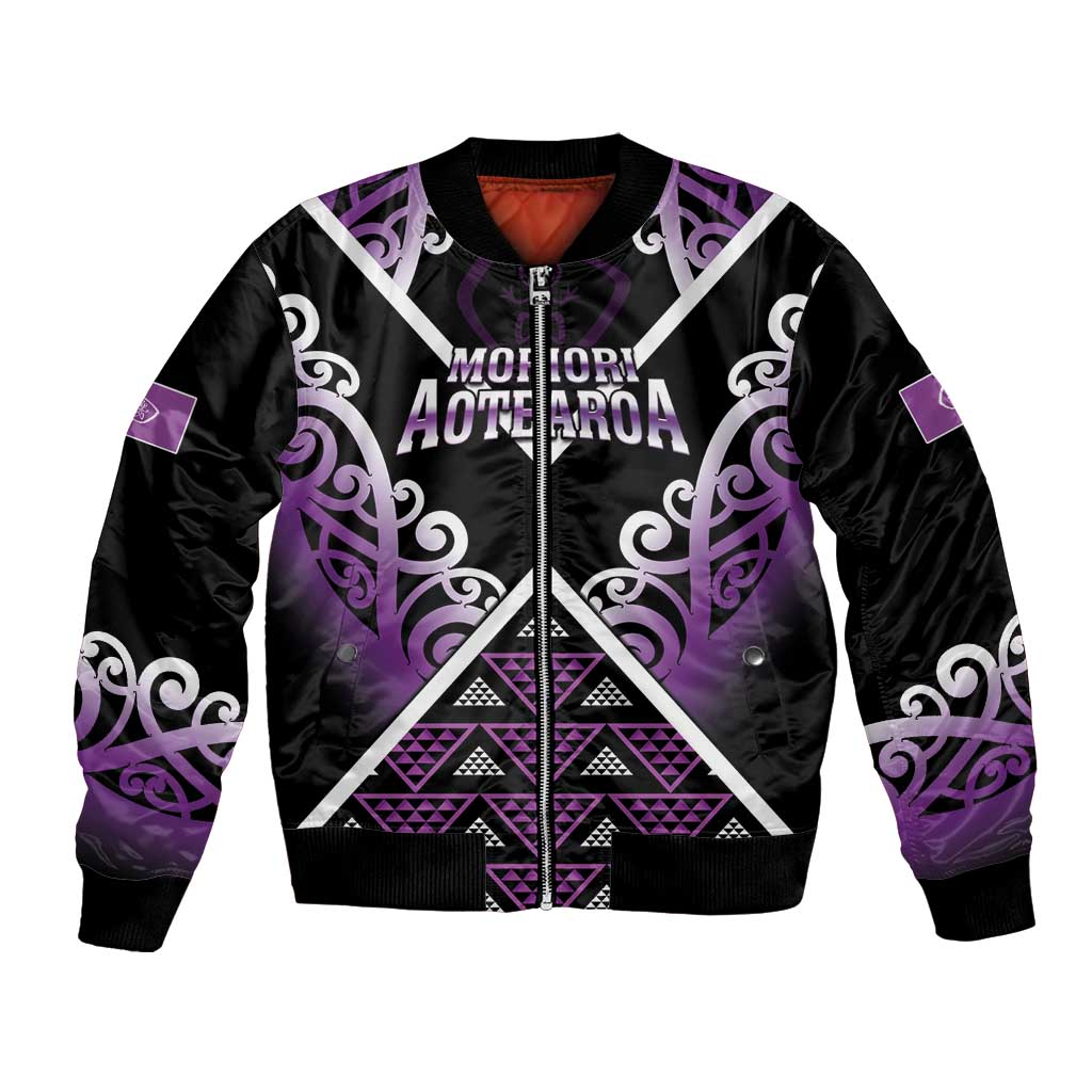 Personalised Aotearoa Moriori Bomber Jacket Maori Pattern New Zealand LT05 Unisex Purple - Polynesian Pride