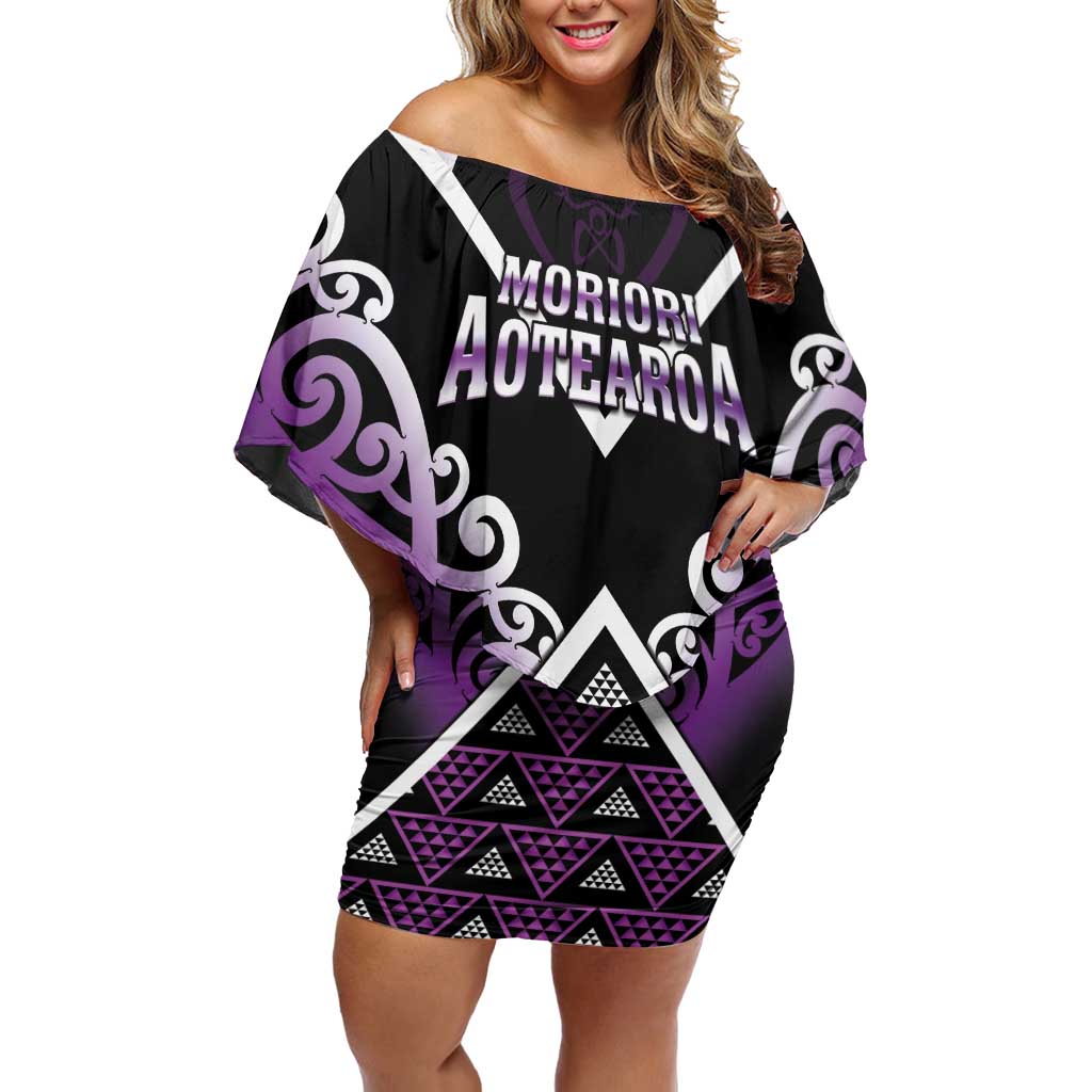 Personalised Aotearoa Moriori Off Shoulder Short Dress Maori Pattern New Zealand LT05 Women Purple - Polynesian Pride