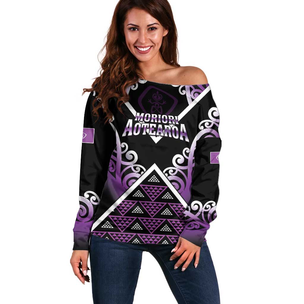 Personalised Aotearoa Moriori Off Shoulder Sweater Maori Pattern New Zealand LT05 Women Purple - Polynesian Pride