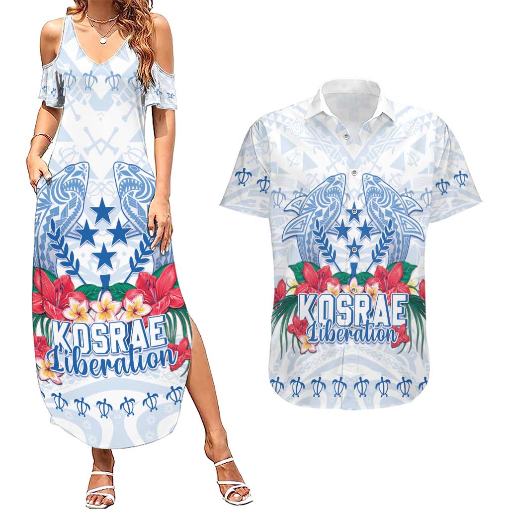 Happy Kosrae Liberation Day Couples Matching Summer Maxi Dress and Hawaiian Shirt Polynesian Shark Turtle Motif