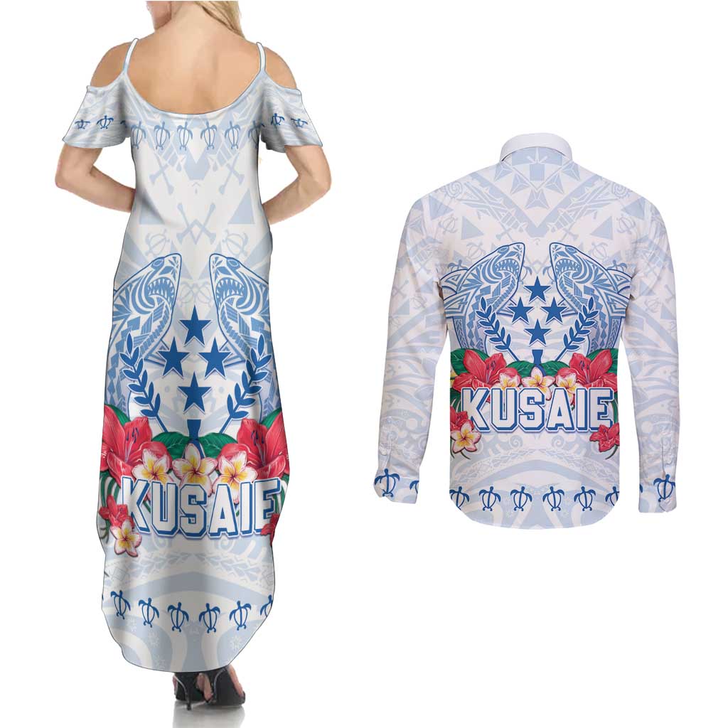 Happy Kosrae Liberation Day Couples Matching Summer Maxi Dress and Long Sleeve Button Shirt Polynesian Shark Turtle Motif LT05 - Polynesian Pride