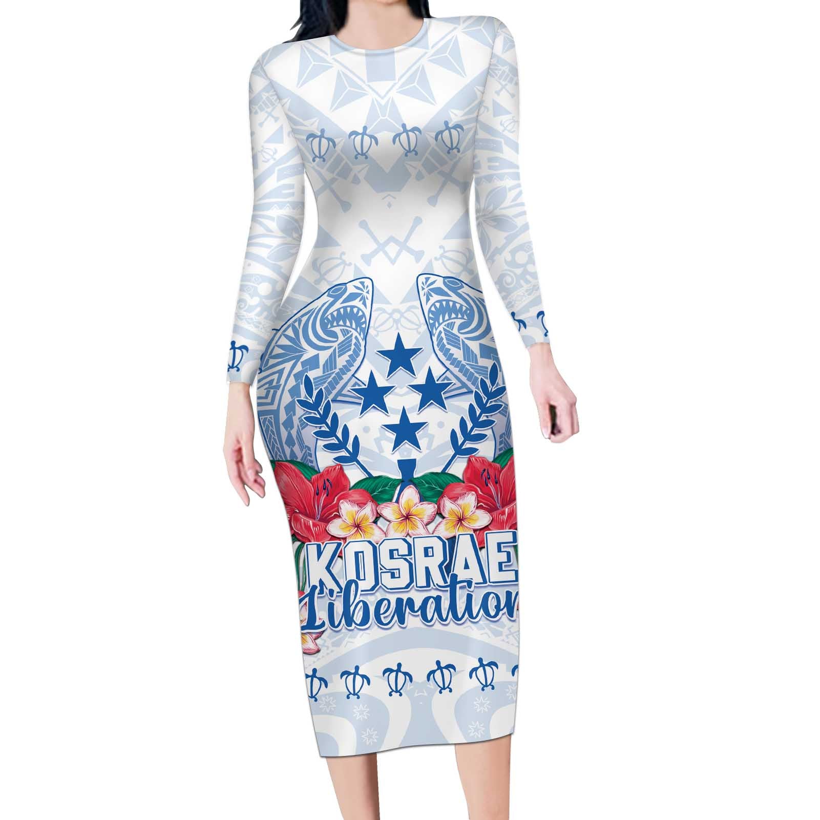 Happy Kosrae Liberation Day Long Sleeve Bodycon Dress Polynesian Shark Turtle Motif